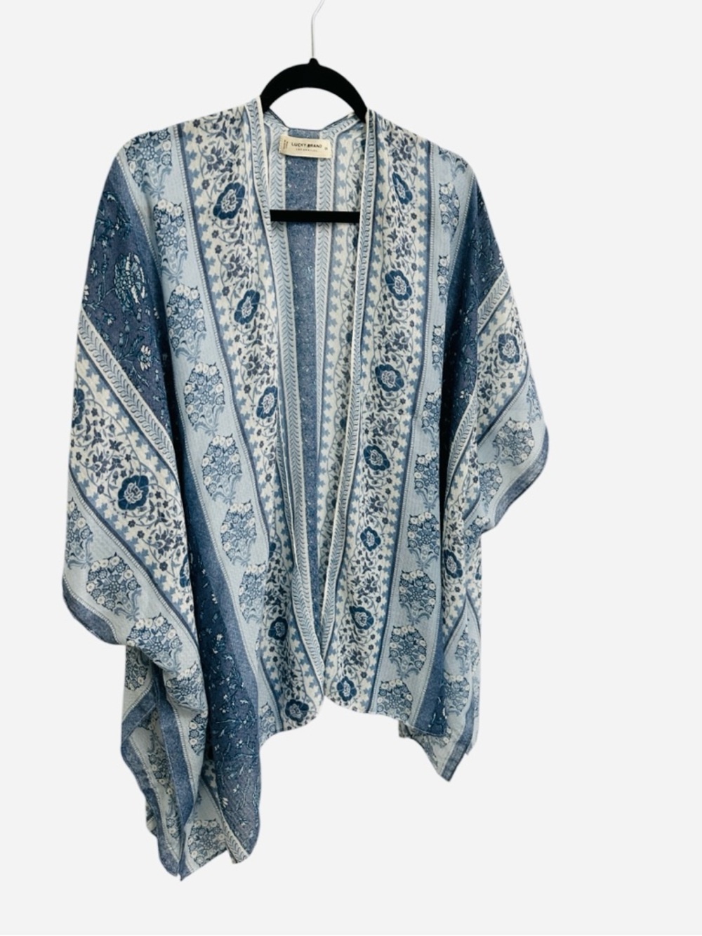 Lucky Brand Easy Printed Kimono blue white boho floral flowy festival One Size - Picture 3 of 10